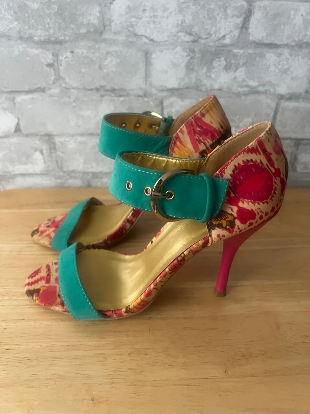 Shoe republic la Colorblock Floral Ankle-Strap High Heels in Teal and Pink